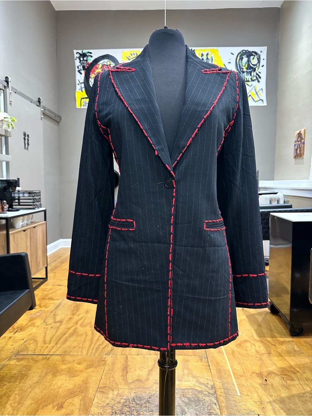 Black Pinstripe Blazer and skirt Set by JL